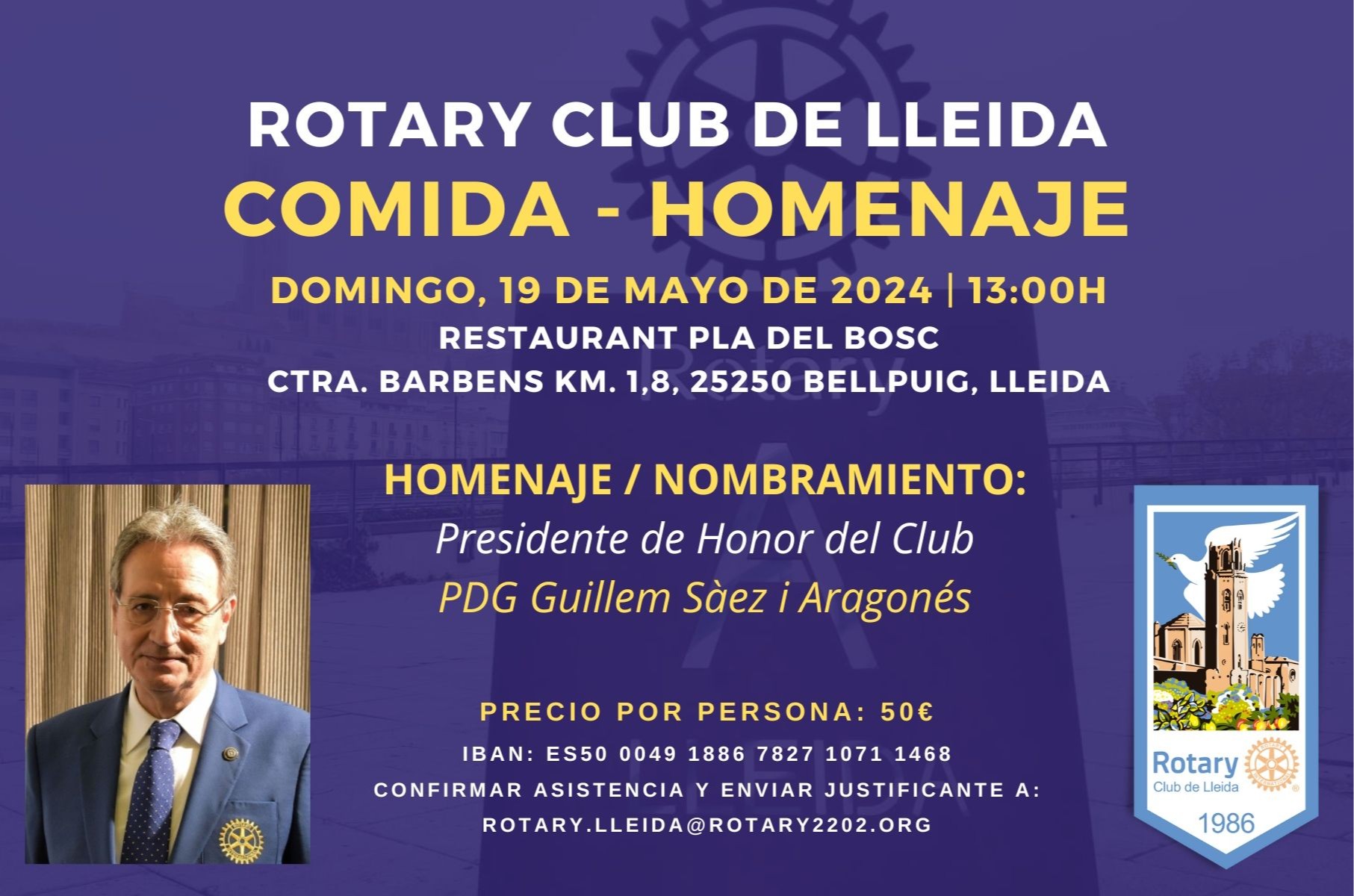 Precio: 50€ por persona. Vestimenta: formal (hombres traje y damas vestido de cóctel)